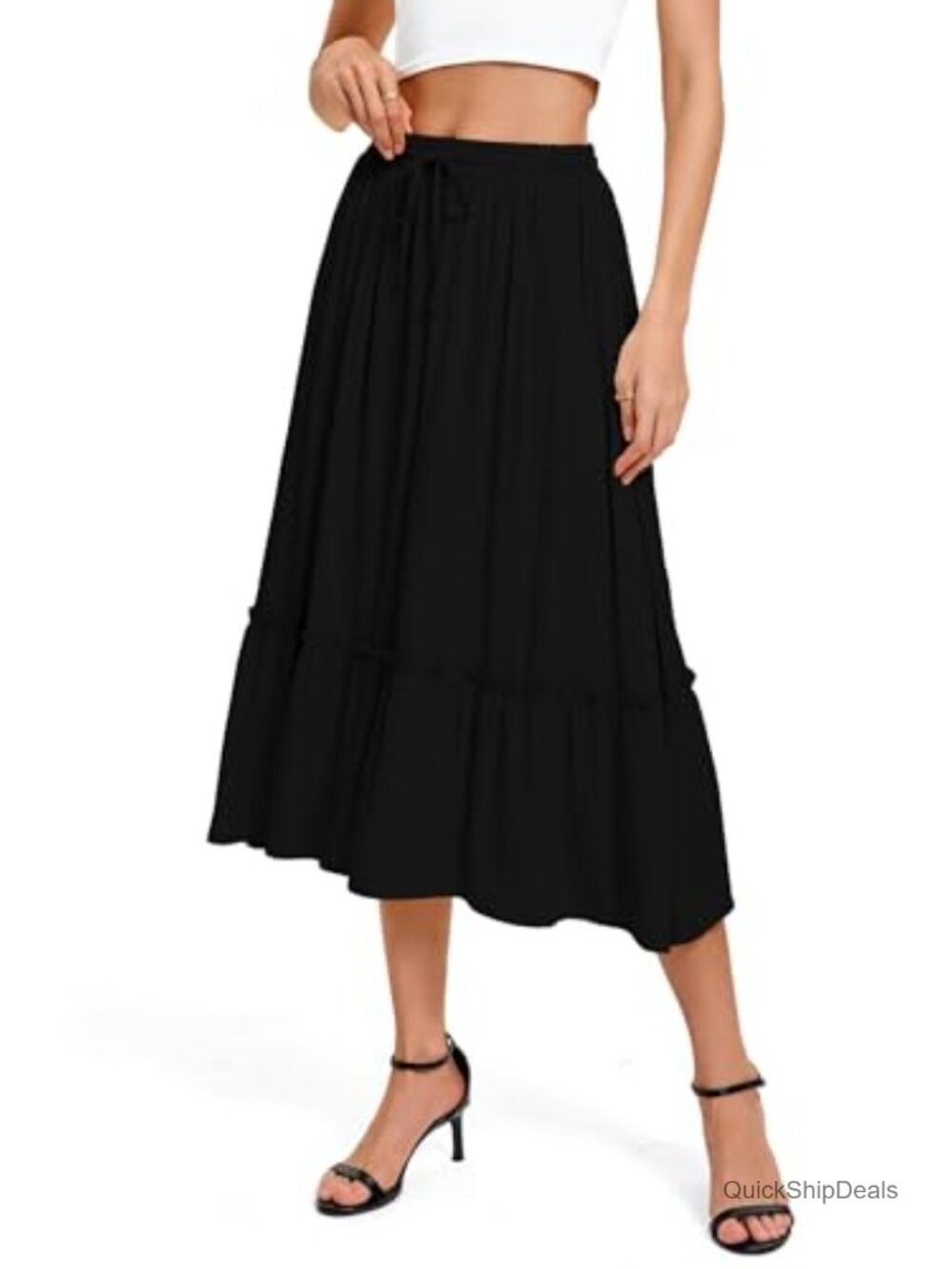 Women's Elastic Waist Flowy A-Line Midi Skirt with Pockets